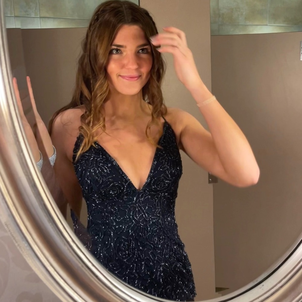 Women’s navy blue beaded mini dress, size 2